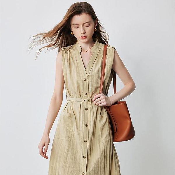 Elegant Summer V-Neck Midi Shirt Dress with Pockets