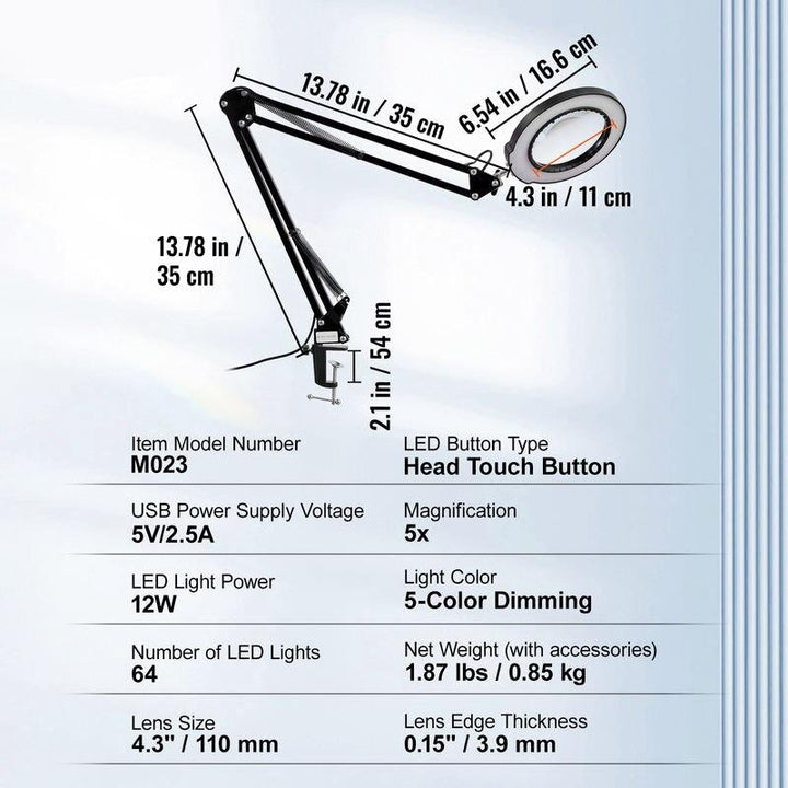 5X LED Magnifying Lamp with Adjustable Light and Clamp