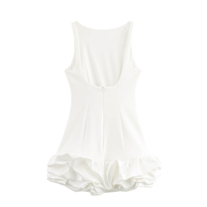 New Women's Fashion White Sleeveless Short Frill Dress