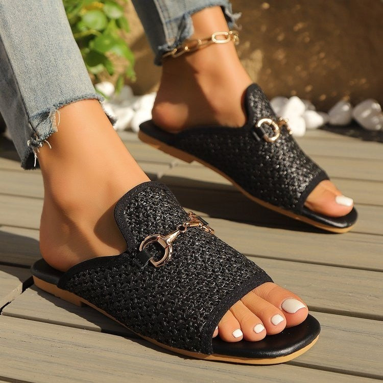 Hollow Square Toe Sandals Summer Fashion Solid Flats Slides Women Beach Shoes