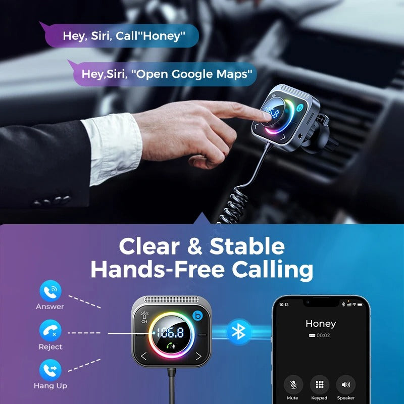 Bluetooth 5.3 FM Transmitter with AUX, Bass Boost, and Fast Charging Ports