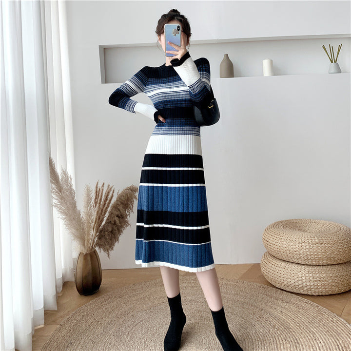 Elegant Striped Knitted Dress Women