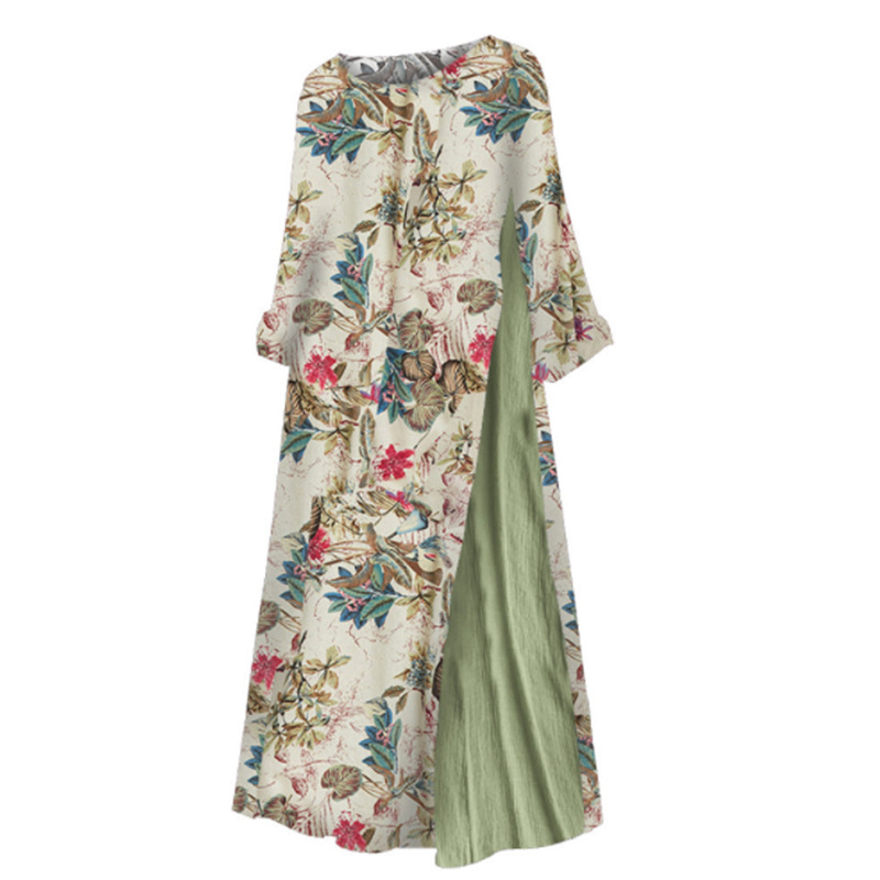 Femmes Floral Print O-Neck 3/4 Sleeve Casual Belted Maxi Robes