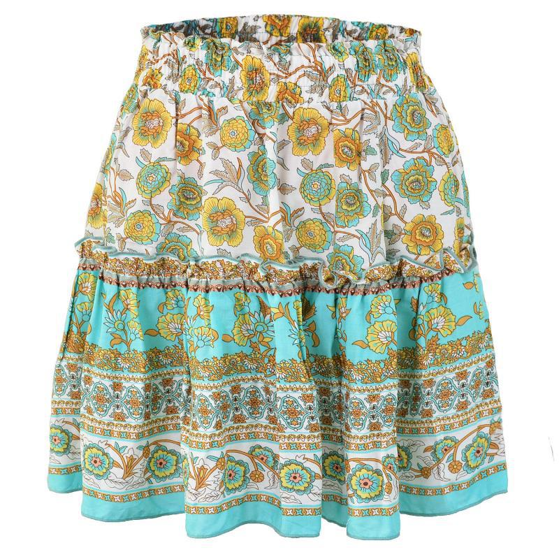 Mini faldas cortas estampadas plisadas con volantes florales en la cintura elástica para mujeres étnicas
