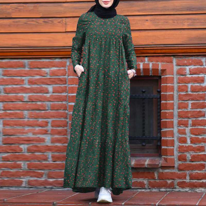 Women Vintage Plaid round Neck Kaftan Casual Long Sleeve Maxi Dresses with Pocket