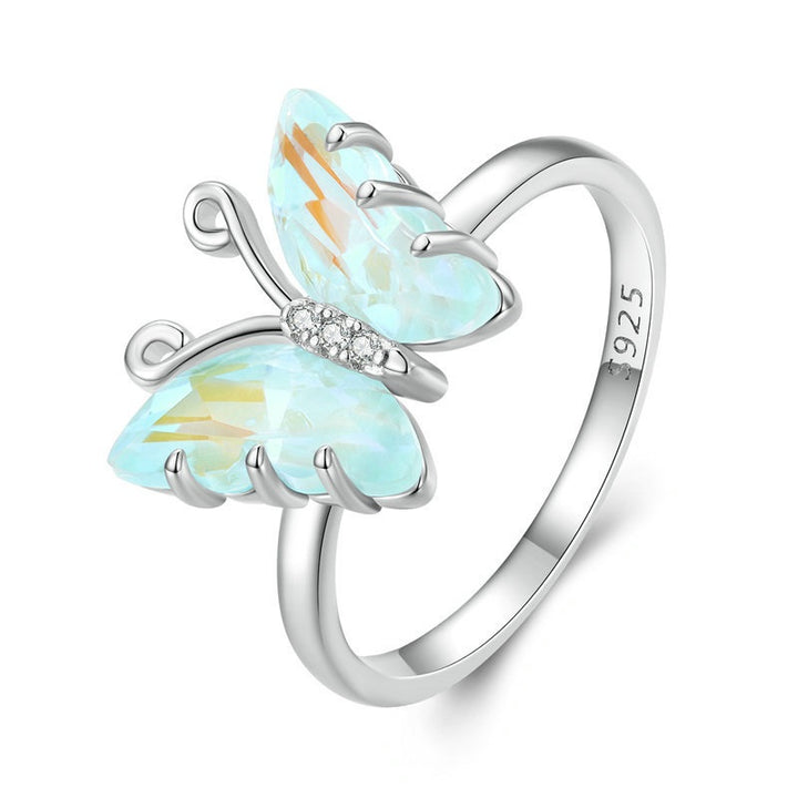 Original Design S925 Sterling Silver Iridescent Butterfly Crystal Ring Female