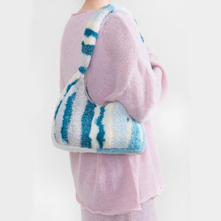 Trendy Striped Faux Fur Underarm Hobo Bag