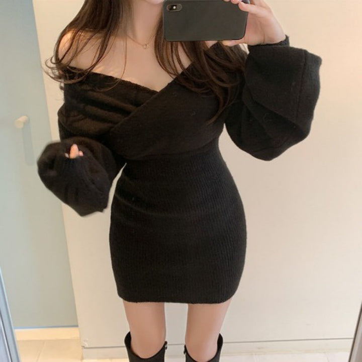 Cross V-neck Hip Women's Knitted Dress Sweater