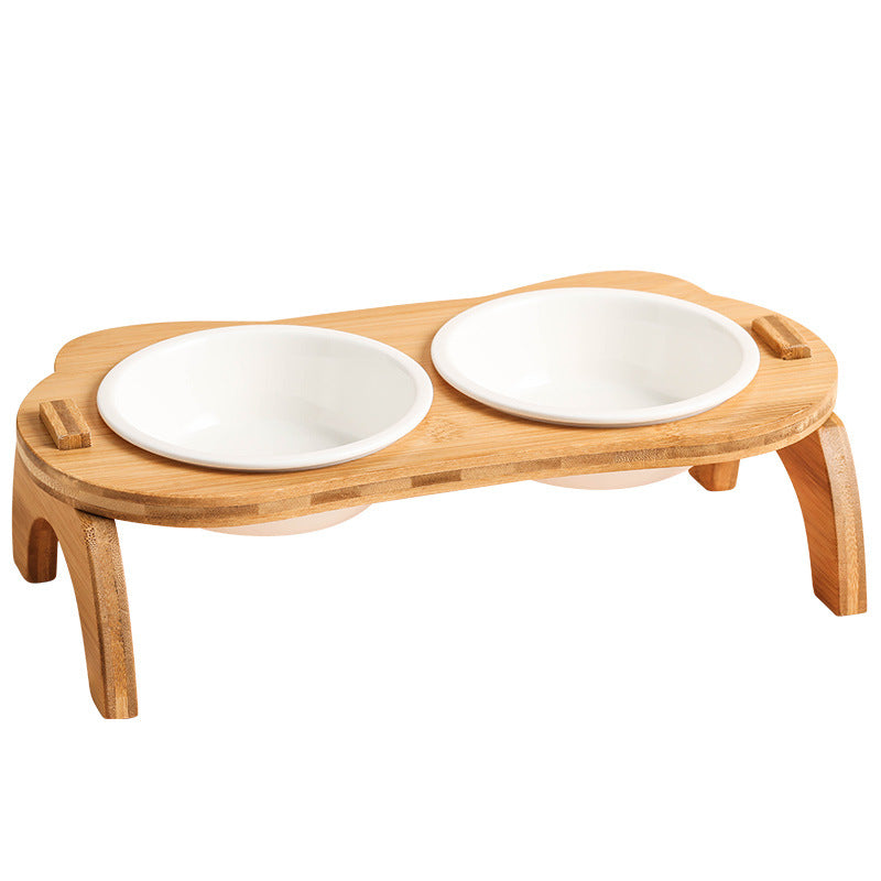 Elevated Bamboo Double Cat and Dog Bowls with Anti-Leak Design