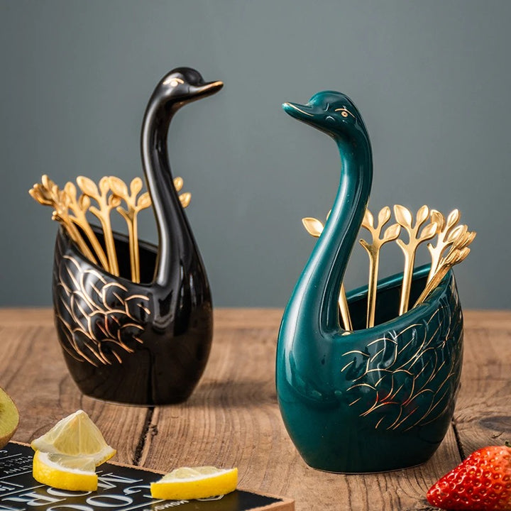 8-Piece Ceramic Swan Fruit Fork and Spoon Set with Holder