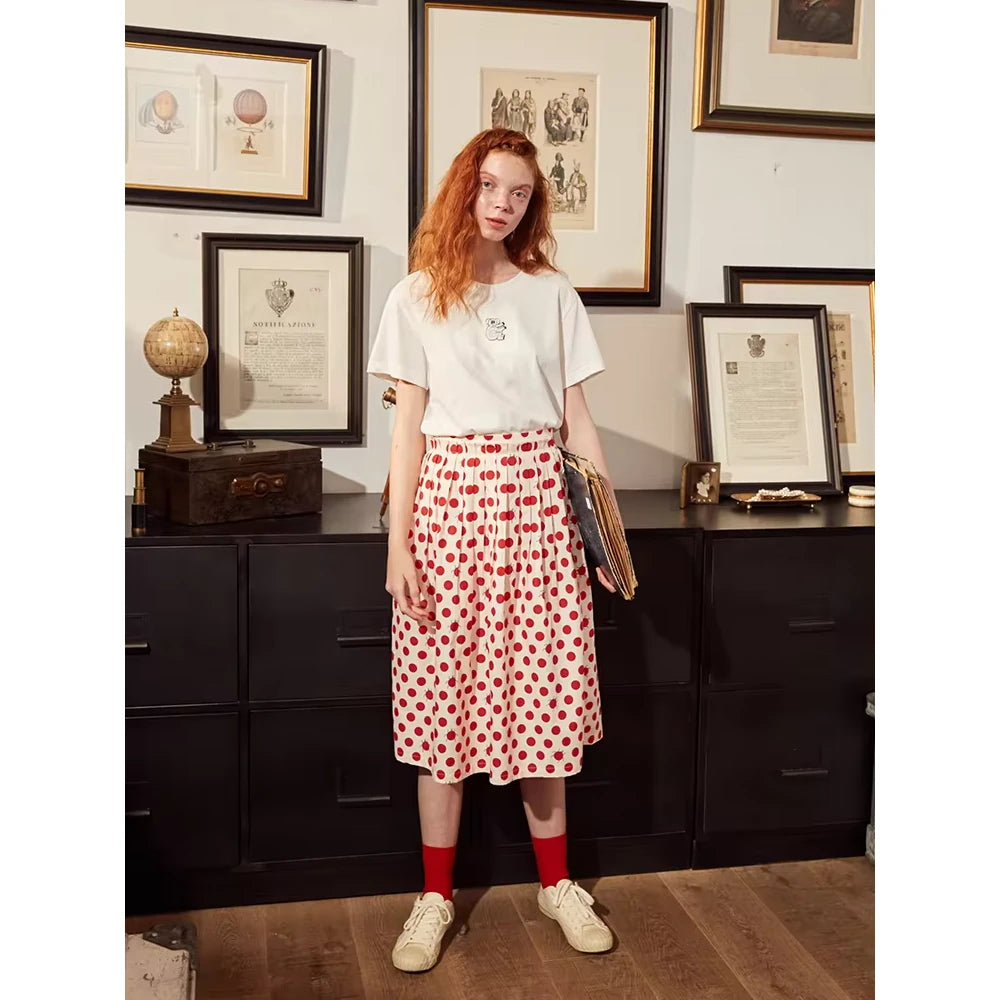 Women's Polka Dot A-line Cotton Skirt with Elastic Waist and Button Decoration