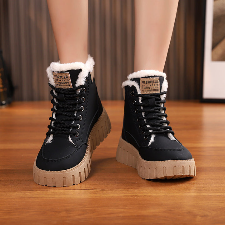 Ins Lace-up Snow Boots Winter Warm Fleece Flat Shoes For Women Fashion Casual Plush Ankle Boot