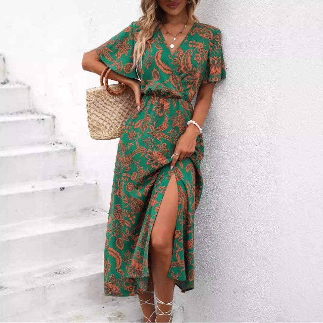 Women's Tropical Printing V-neck Split Dress Women