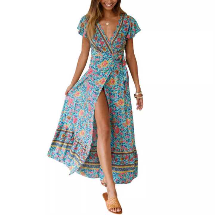 V-neck Split Bohemian Print Dress