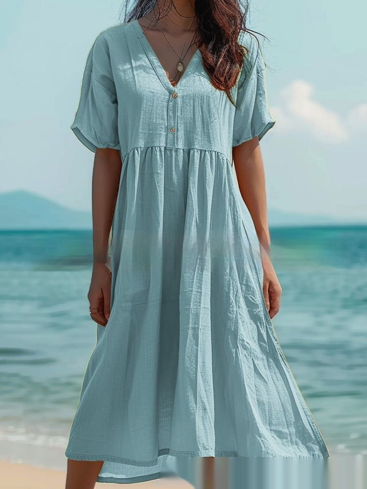 Women's Short-sleeved Cotton And Linen Swing Dress