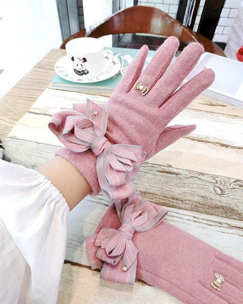 Striped Multi-layer Bowknot Thickened Gloves