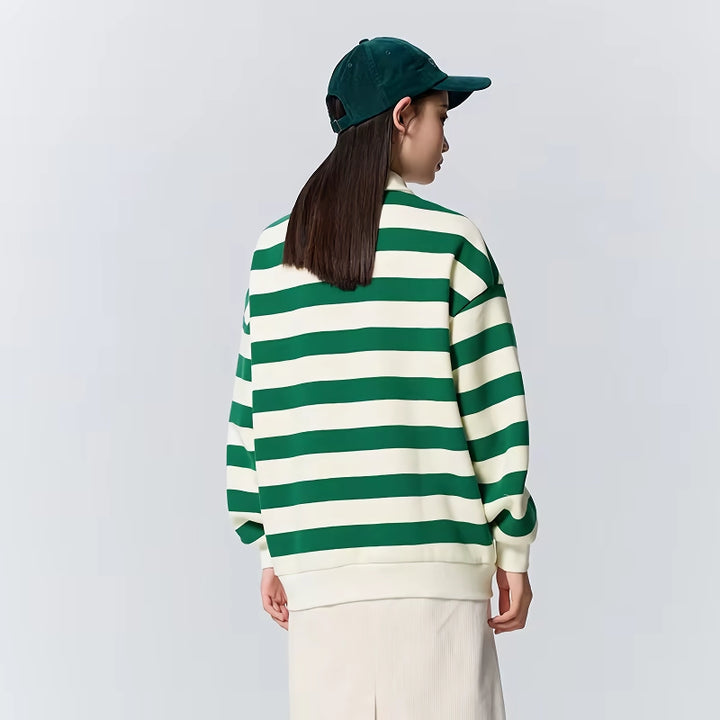 Oversized Waffle Texture Striped Polo Collar Sweatshirt