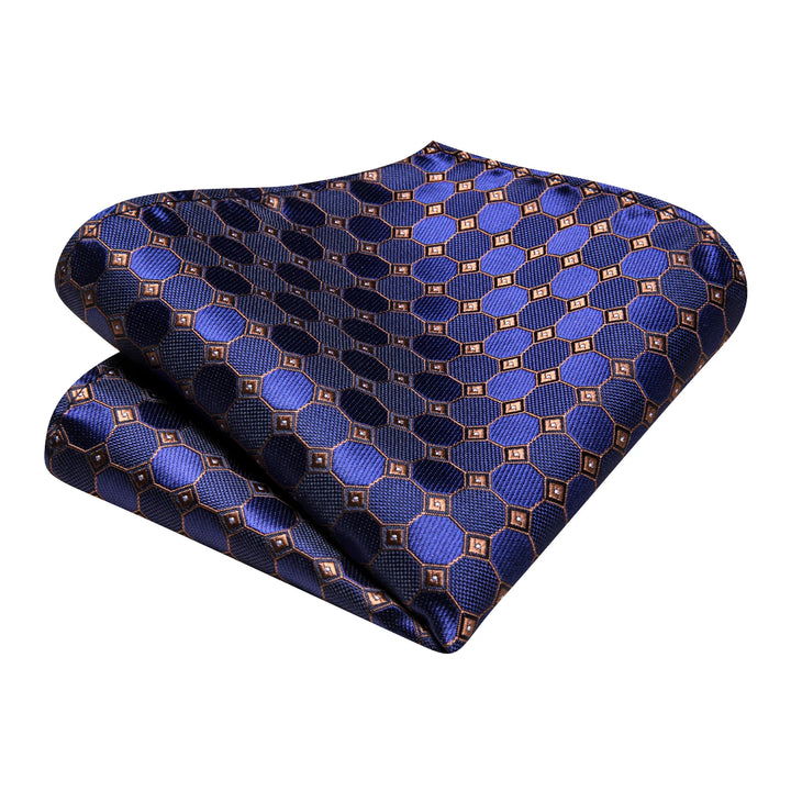 Navy Blue and Gold Plaid Silk Necktie Set with Cufflinks & Pocket Square for Men