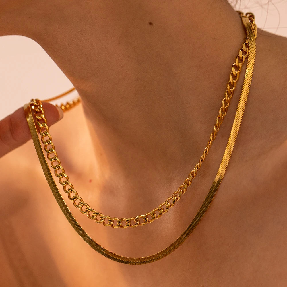 18K Gold Plated Stainless Steel Double Layer Cuban Chain Necklace