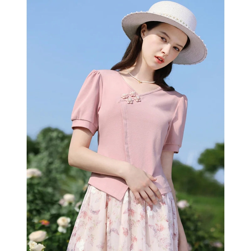 Elegant Chinese Style V-Neck Puff Sleeve T-Shirt