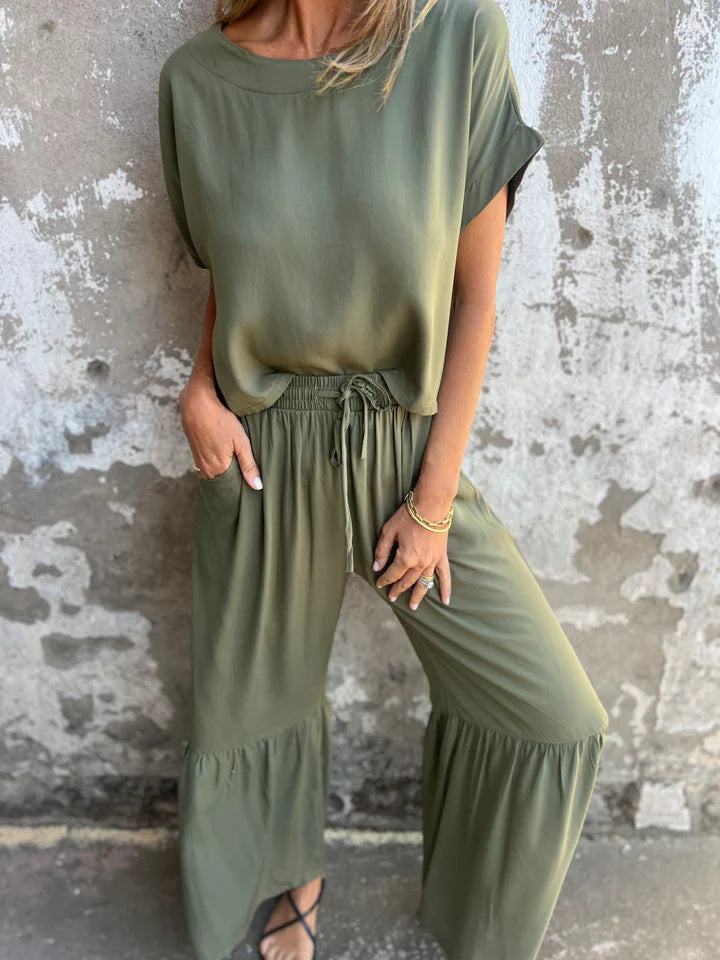 Short-sleeved Suit Summer Round Neck Pullover Top And Drawstring Wide-leg Pants Fashion Set For Women Clothing