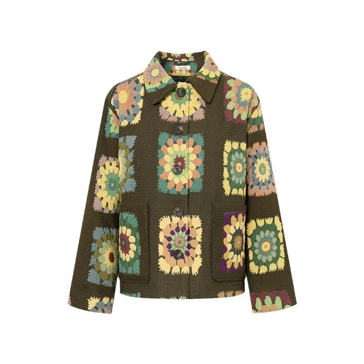 Lapel Long Sleeve Flower Print Green Jacket Coat