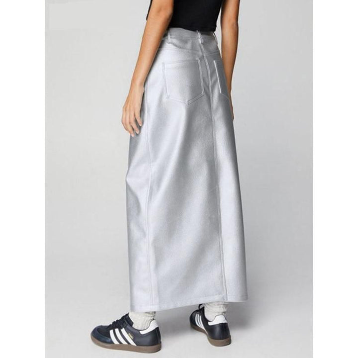 Elegant Mid-Waist Silver Long Skirt