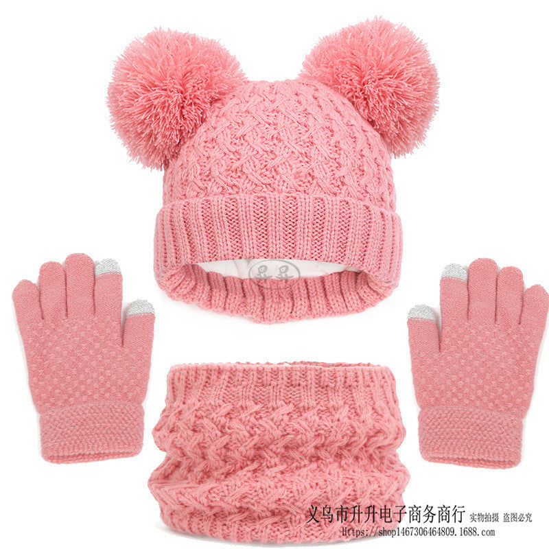 Children's Autumn And Winter Fleece-lined Thickened Double Ball Hat Scarf Gloves Three-piece Set