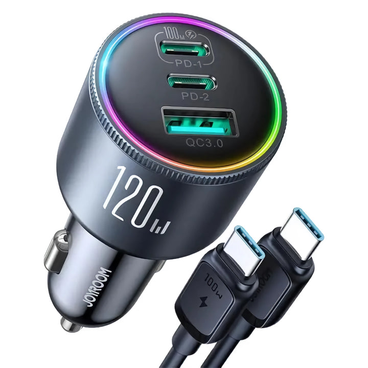 120W USB-C Car Charger – 3-Port Fast Charging for Multiple Devices (PD & QC 3.0)