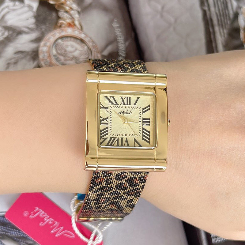 Fashion Steel Belt Leopard Print Mesh Square Watch For Women