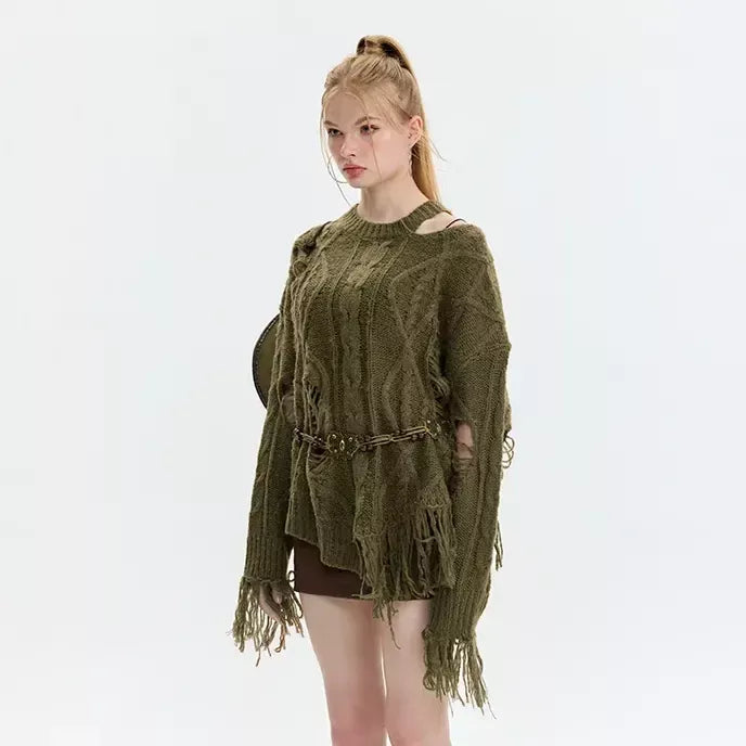 Hollowed-Out Tassel Loose Fit Knit Sweater