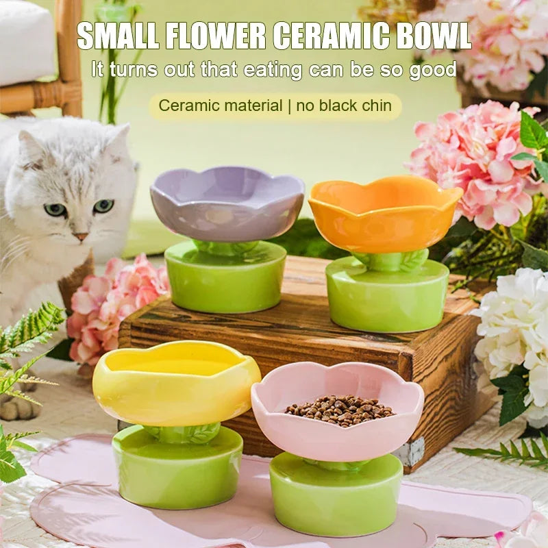 Flower-Shaped Ceramic Cat Food and Water Bowl