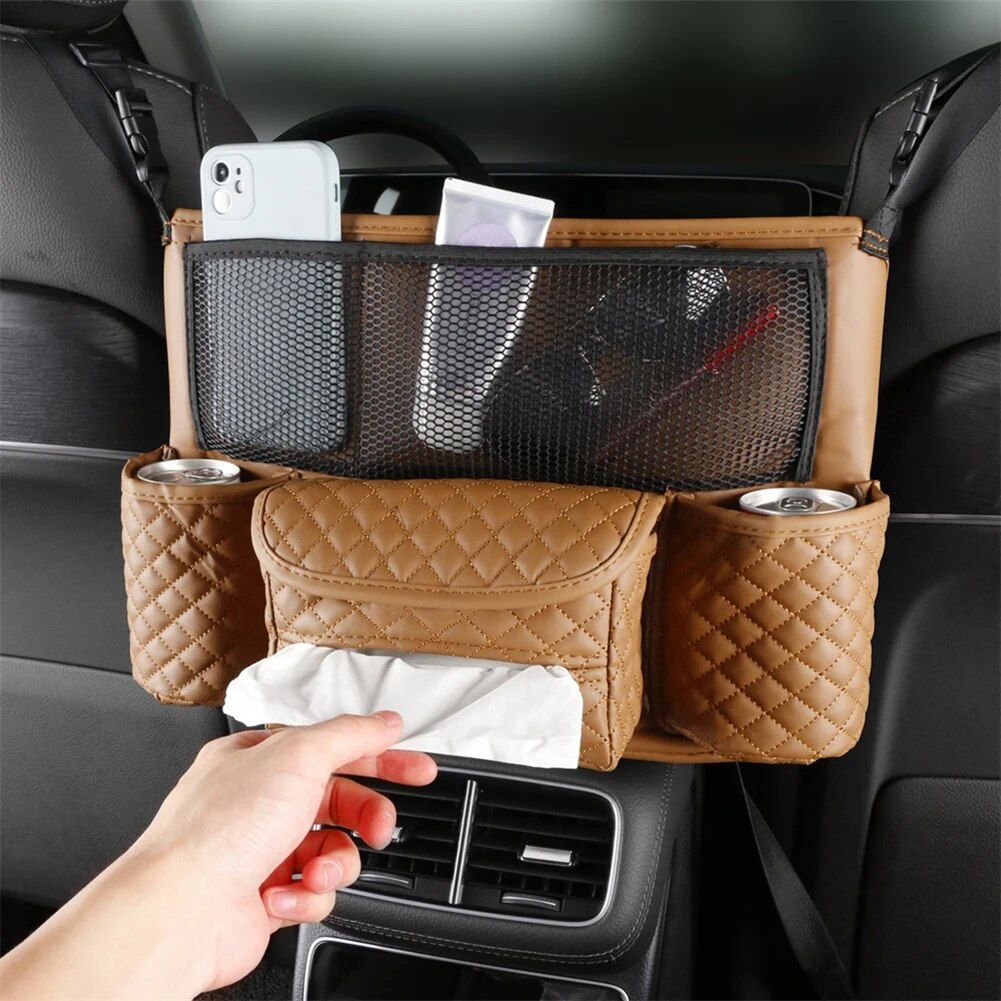 Luxurious Leather Car Seat Storage Bag with Drink Holders