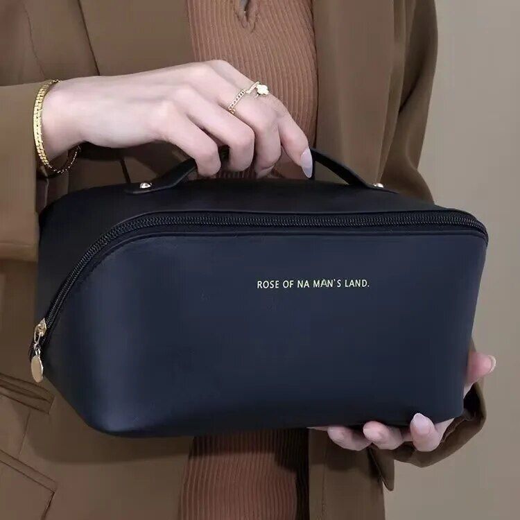 Elegant Leather Travel Cosmetic Bag - Zippered Make-Up Organizer for Women
