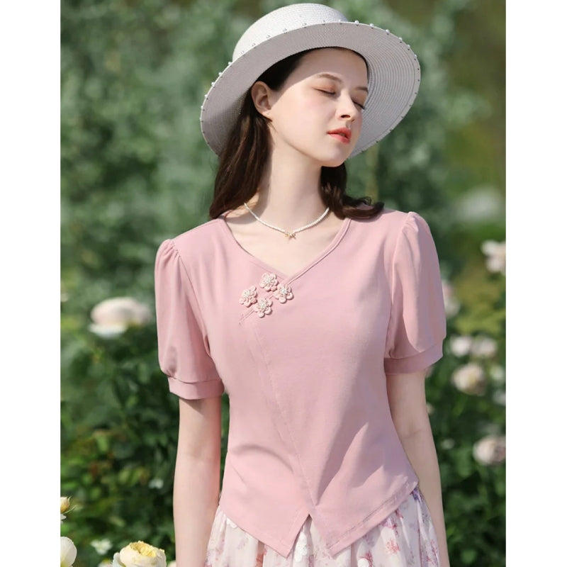 Elegant Chinese Style V-Neck Puff Sleeve T-Shirt