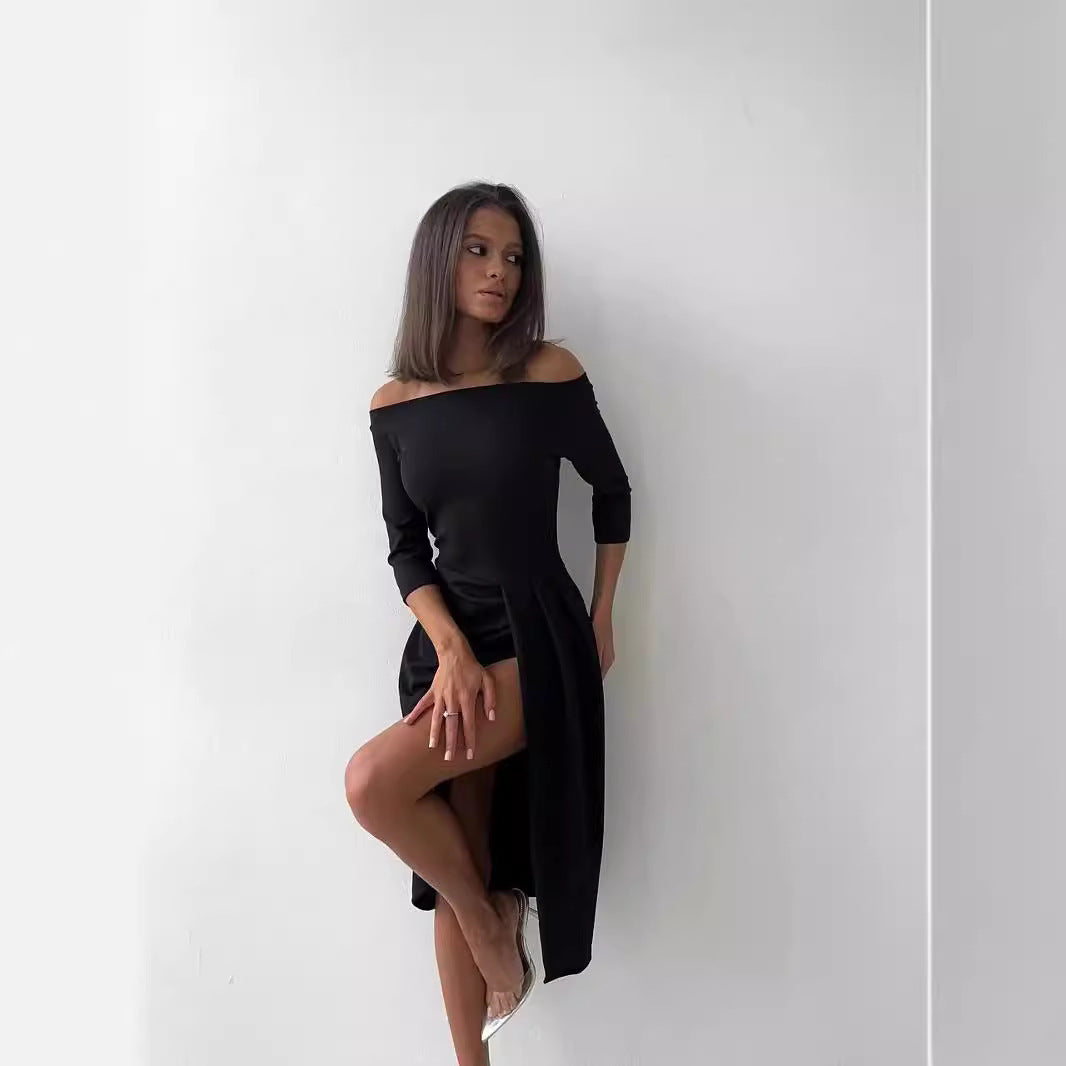 Women's Off-neck Long Sleeve Waist Slit Dress