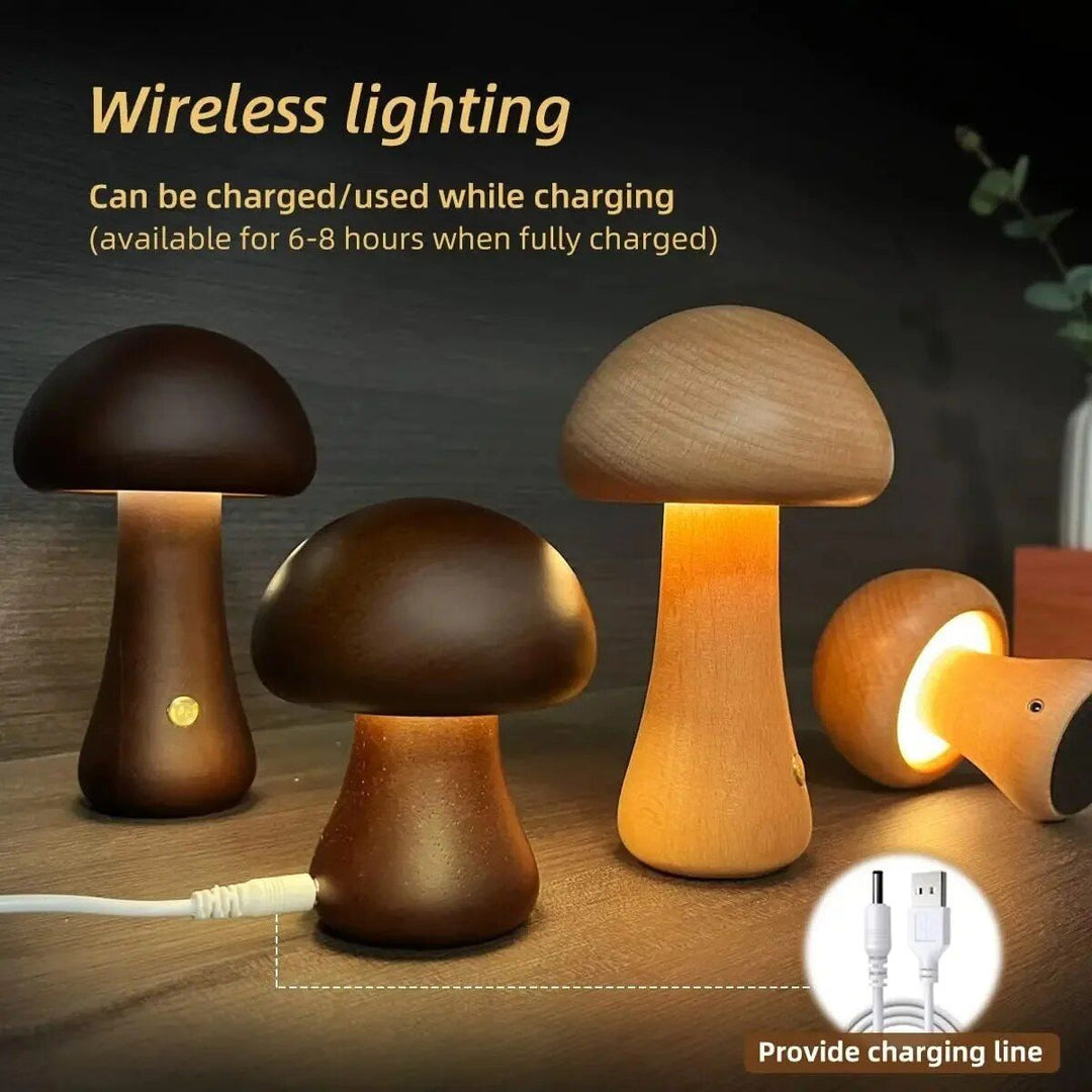 Charming Touch-Control LED Mushroom Night Light - Wooden Bedside Lamp with USB Charging