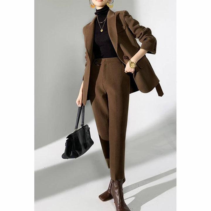 Autumn Winter Elegant Woolen Pant Suits with Belted Jackets and Warm Trousers for Women