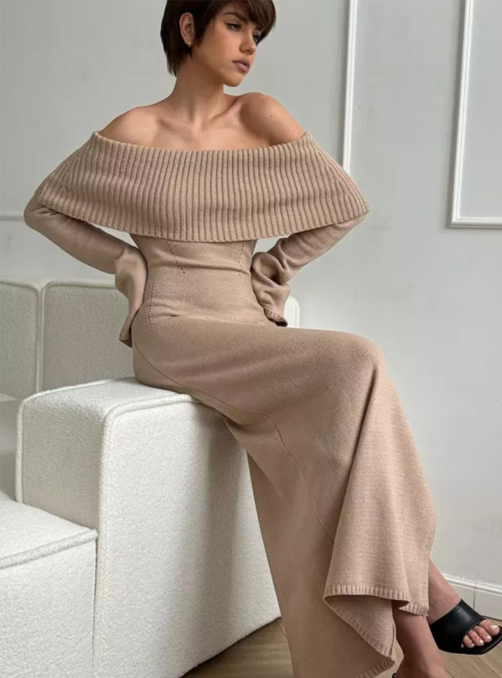 Lapel Off-the-shoulder European And American Knitted Dress