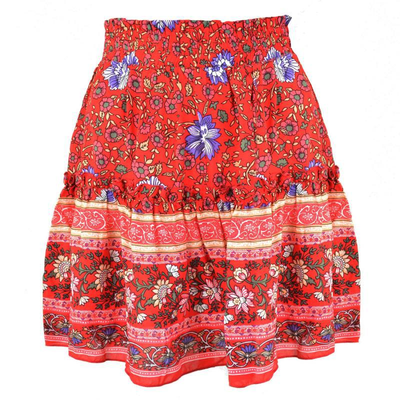 Mini faldas cortas estampadas plisadas con volantes florales en la cintura elástica para mujeres étnicas