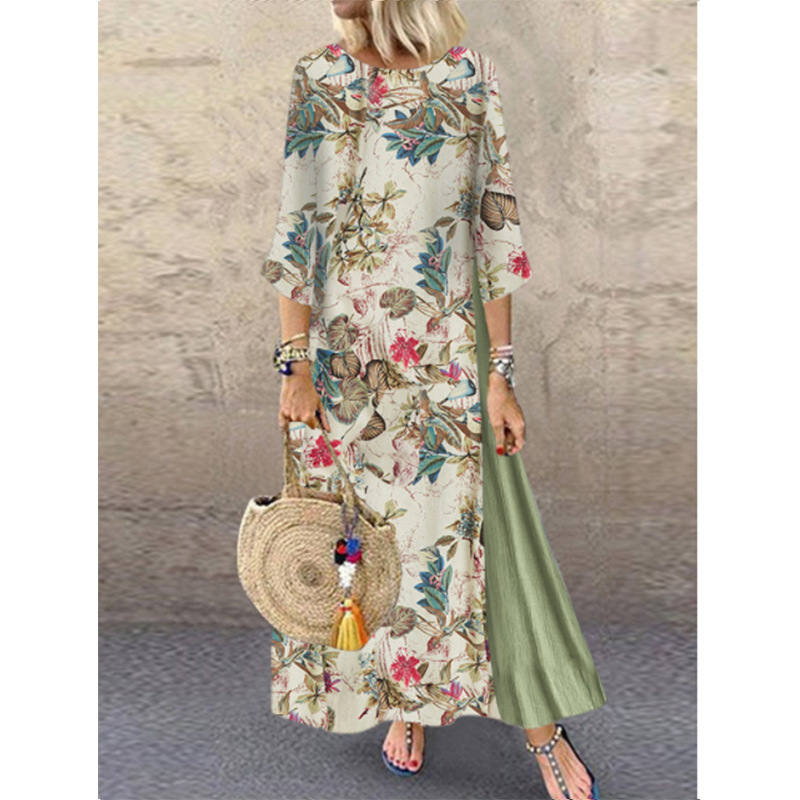 Femmes Floral Print O-Neck 3/4 Sleeve Casual Belted Maxi Robes