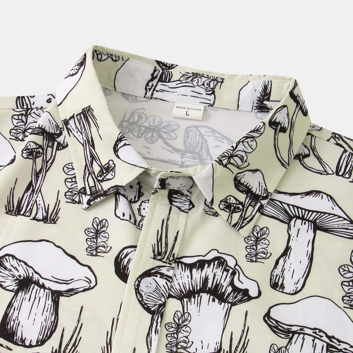 Mens Cartoon Mushroom Print Lapel Short Sleeve Shirt