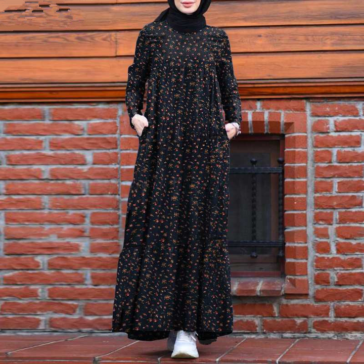 Women Vintage Plaid round Neck Kaftan Casual Long Sleeve Maxi Dresses with Pocket