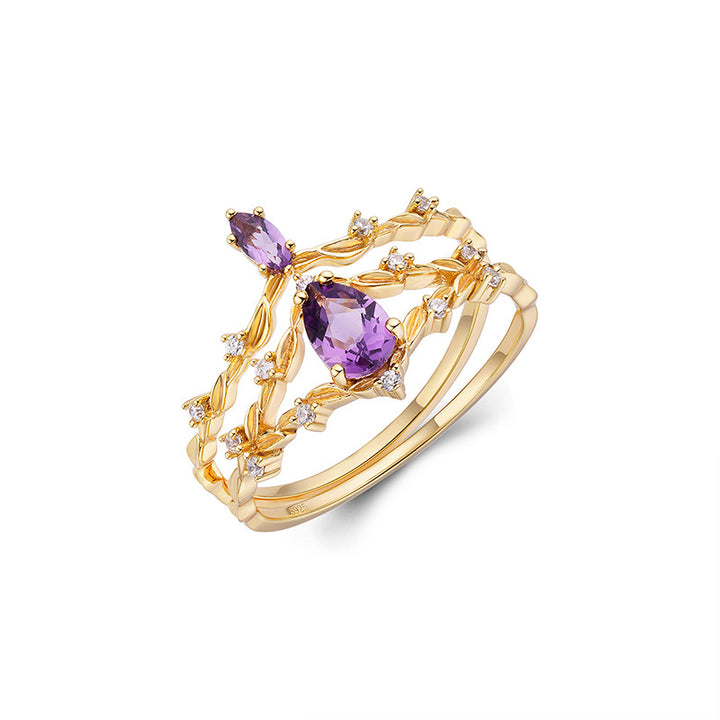 S925 Silver Plated 14k Gold Amethyst Ring Set