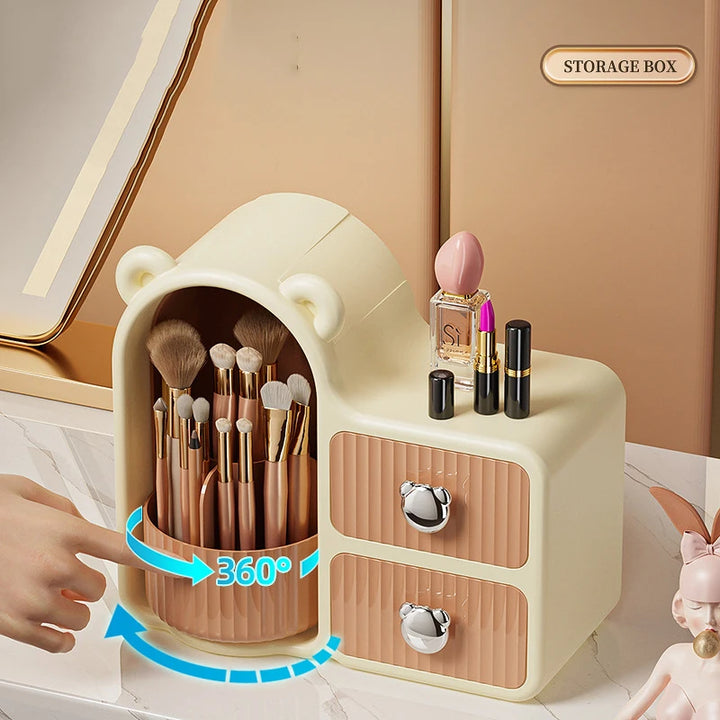 360° Rotating Makeup Brush Holder with Drawers and Dustproof Lid - Wall Mounted & Countertop Organizer