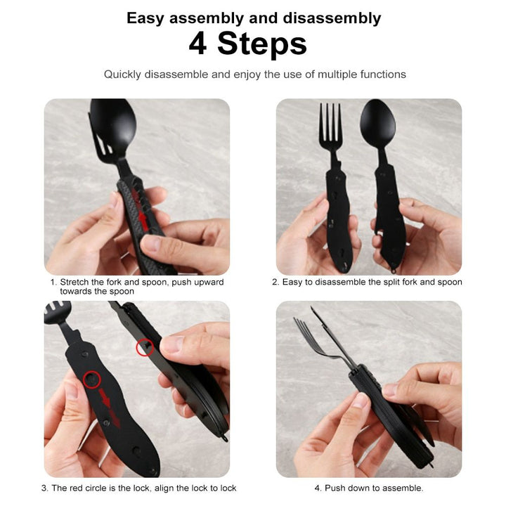 Stainless Steel 4-in-1 Camping Utensil Set: Foldable Spoon, Fork, Knife, Bottle Opener