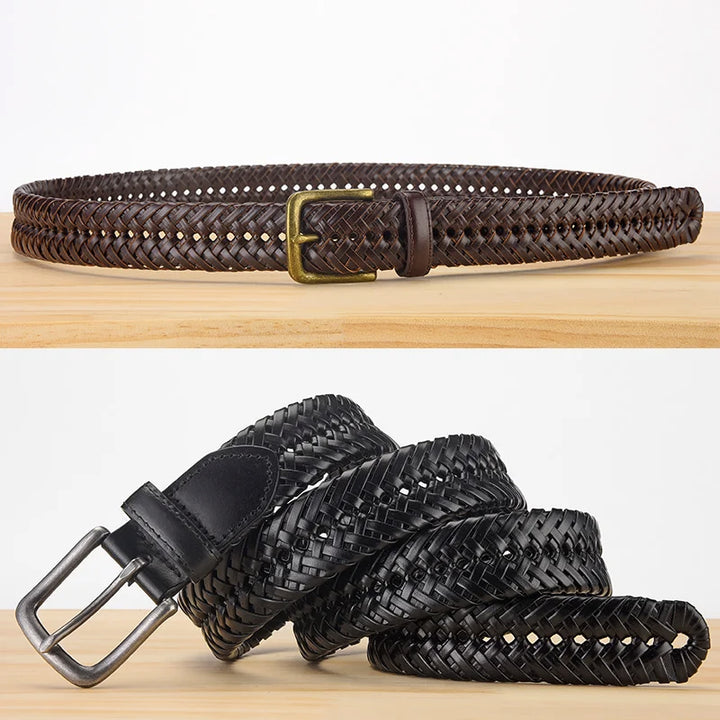 Men’s Genuine Leather Braided Belt – Vintage Knitted Strap, No Holes, High Quality