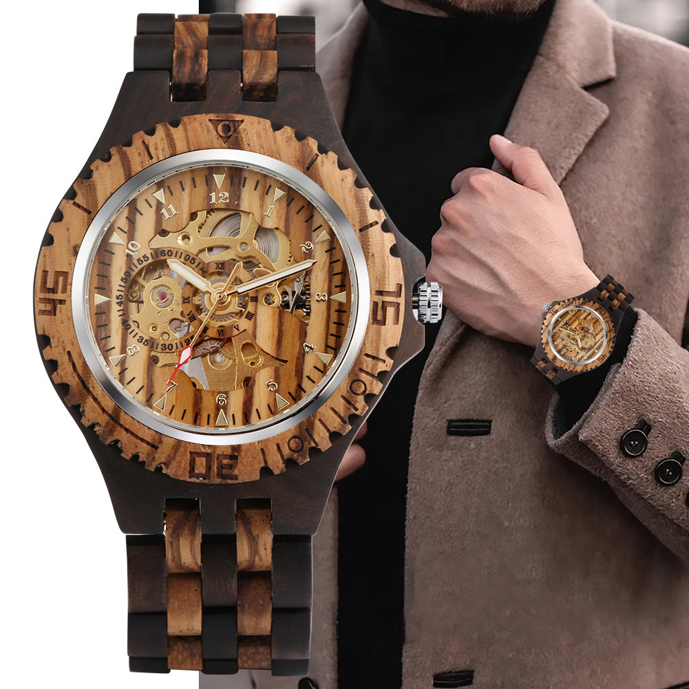 Ebony Zebra Wood Five Beads Strap Automatic Mechanical Wooden Watch