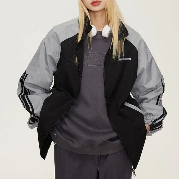 Autumn-Winter Striped Lantern Sleeve Bomber Jacket