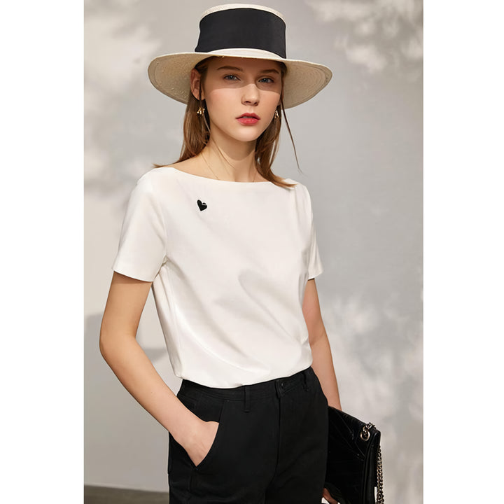 Minimalist Office Lady Slash Neck Loose Embroidery Top